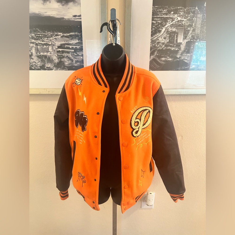 Orange/brown letterman bomber jacket